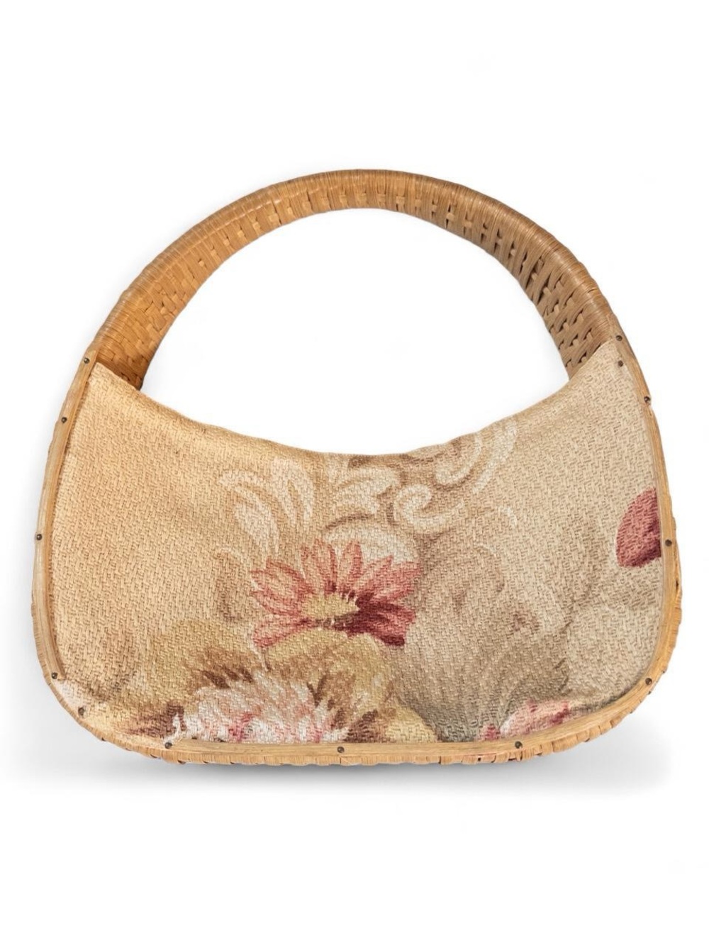 Vintage Woven Wicker Basket Purse Floral Tapestry Handbag